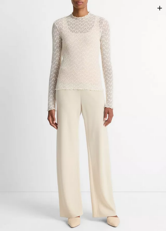VINCE Diamond Lace Mock-Neck Long-Sleeve Top - Alabaster