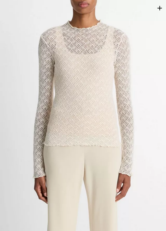VINCE Diamond Lace Mock-Neck Long-Sleeve Top - Alabaster