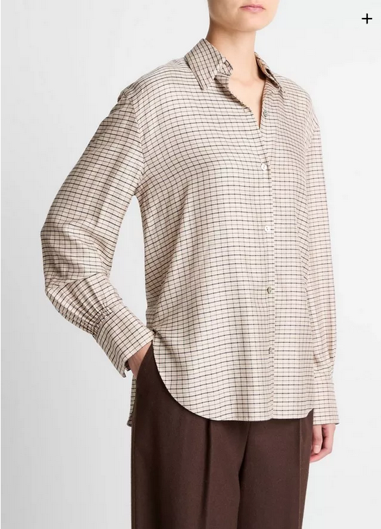VINCE Smocked Micro-Check Button-Front Shirt - Taupe Multi