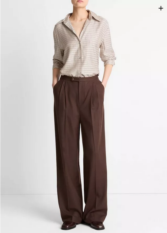 VINCE Smocked Micro-Check Button-Front Shirt - Taupe Multi