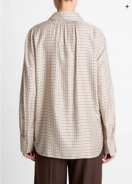 VINCE Smocked Micro-Check Button-Front Shirt - Taupe Multi