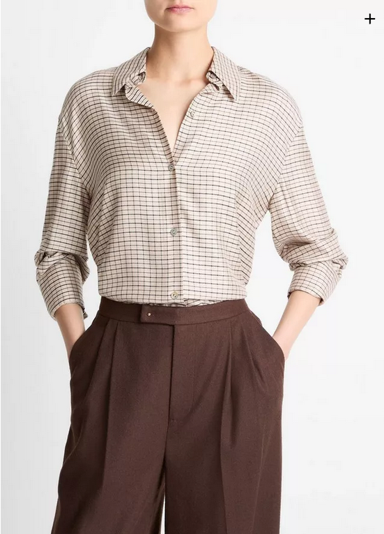 VINCE Smocked Micro-Check Button-Front Shirt - Taupe Multi