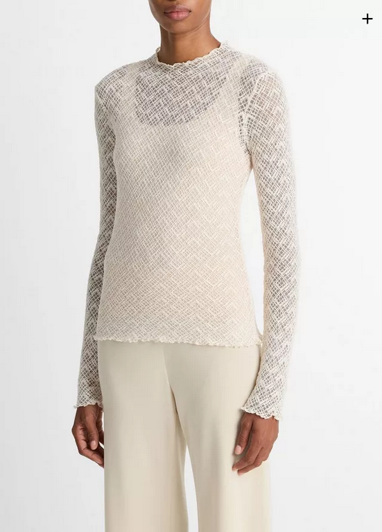 VINCE Diamond Lace Mock-Neck Long-Sleeve Top - Alabaster