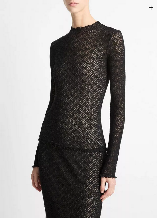 VINCE Diamond Lace Mock-Neck Long-Sleeve Top - Black