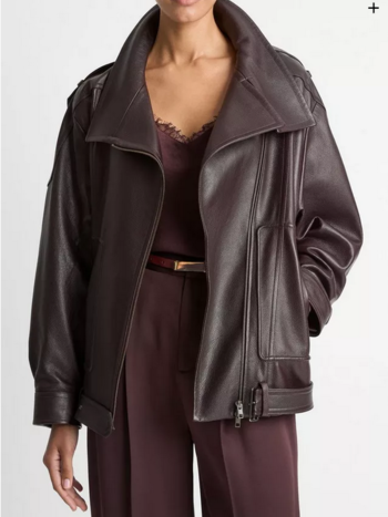 VINCE Leather Oversized Biker Jacket - Dark Fig