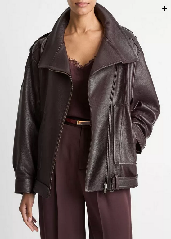 VINCE Leather Oversized Biker Jacket - Dark Fig