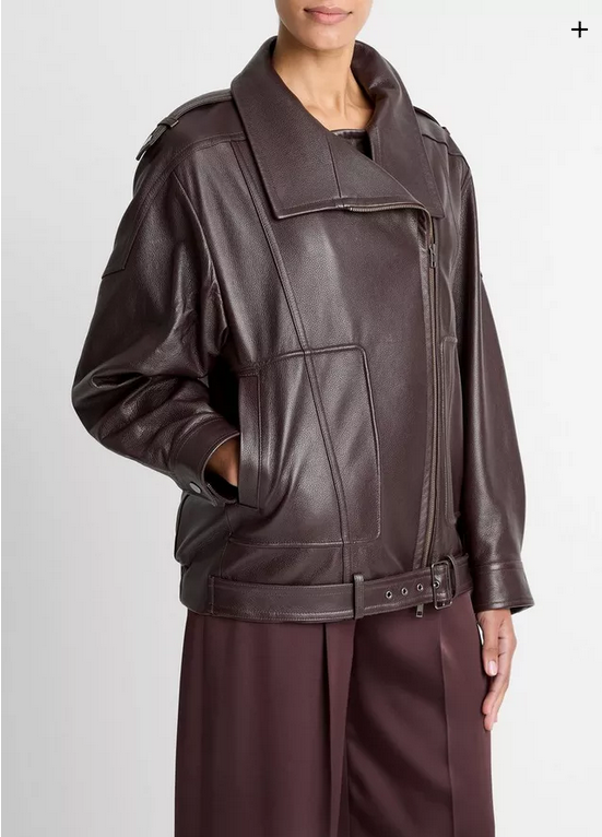 VINCE Leather Oversized Biker Jacket - Dark Fig