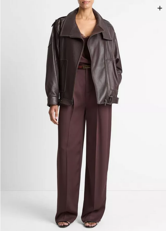 VINCE Leather Oversized Biker Jacket - Dark Fig