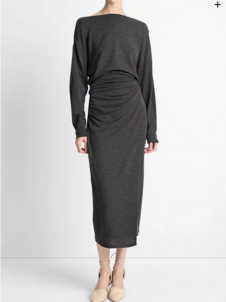 VINCE Draped Wool-Blend Slash-Neck Top - Dark Heather Grey