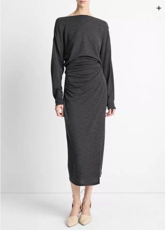 VINCE Draped Wool-Blend Slash-Neck Top - Dark Heather Grey