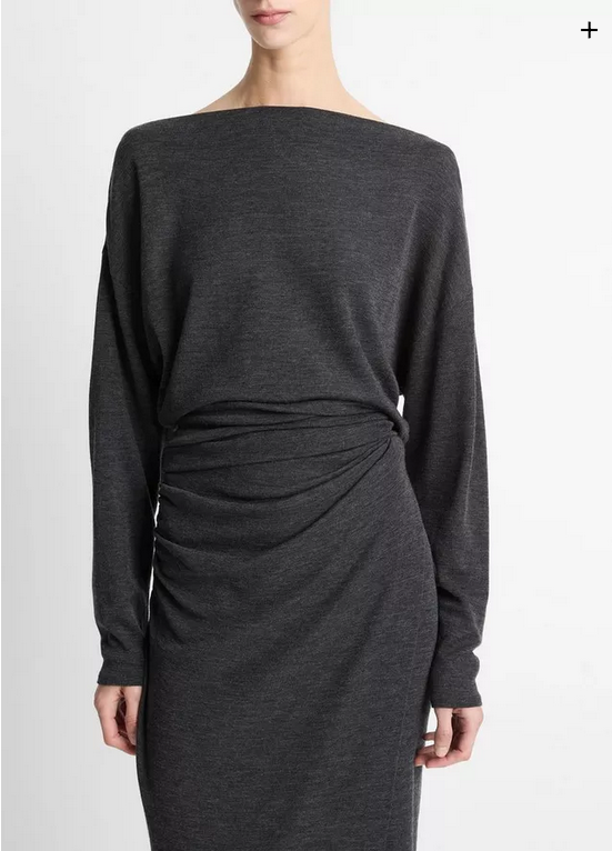 VINCE Draped Wool-Blend Slash-Neck Top - Dark Heather Grey