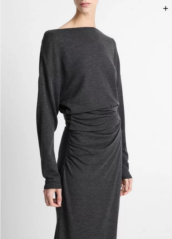VINCE Draped Wool-Blend Slash-Neck Top - Dark Heather Grey