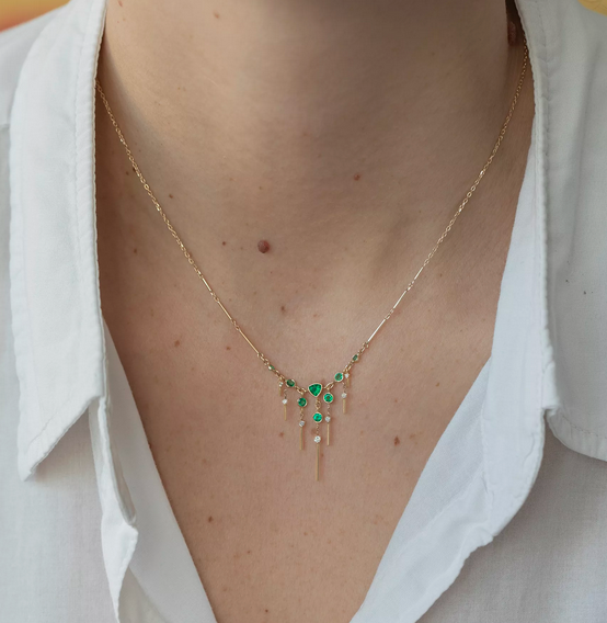 CELINE DAOUST Triangle Emerald and Dangling Diamond Necklace