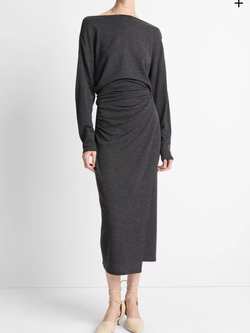 VINCE Draped-Waist Wool Blend Midi Skirt - Dark Heather Grey