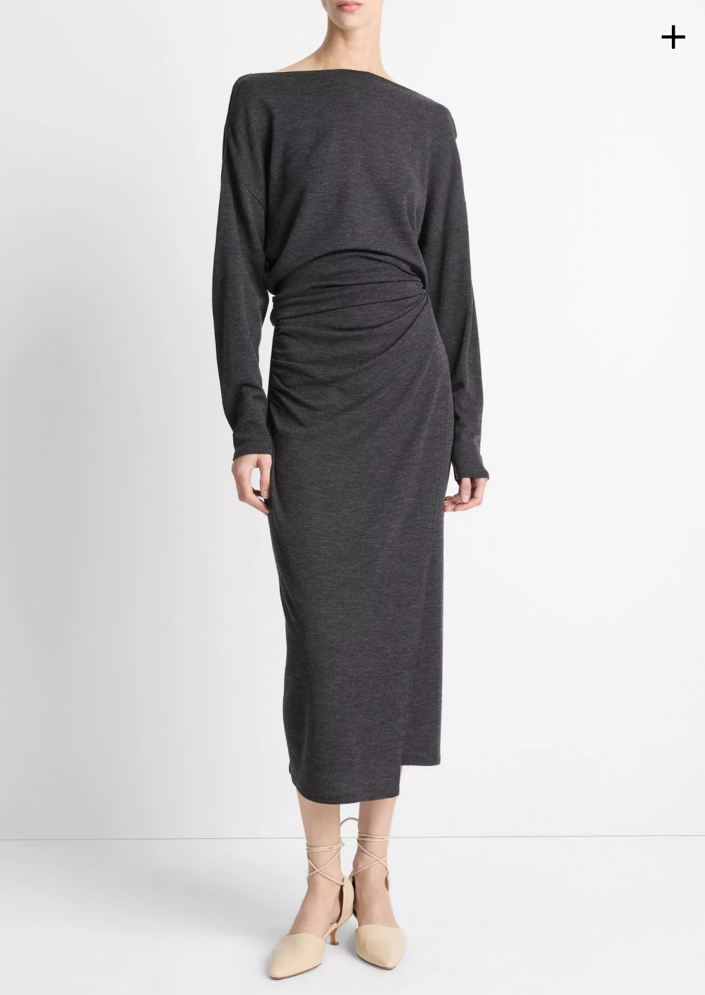 VINCE Draped-Waist Wool Blend Midi Skirt - Dark Heather Grey