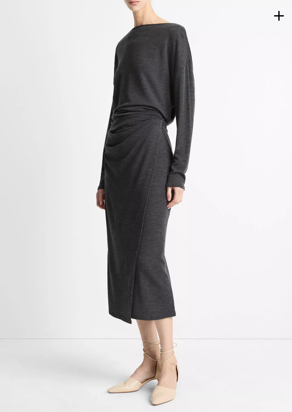 VINCE Draped-Waist Wool Blend Midi Skirt - Dark Heather Grey