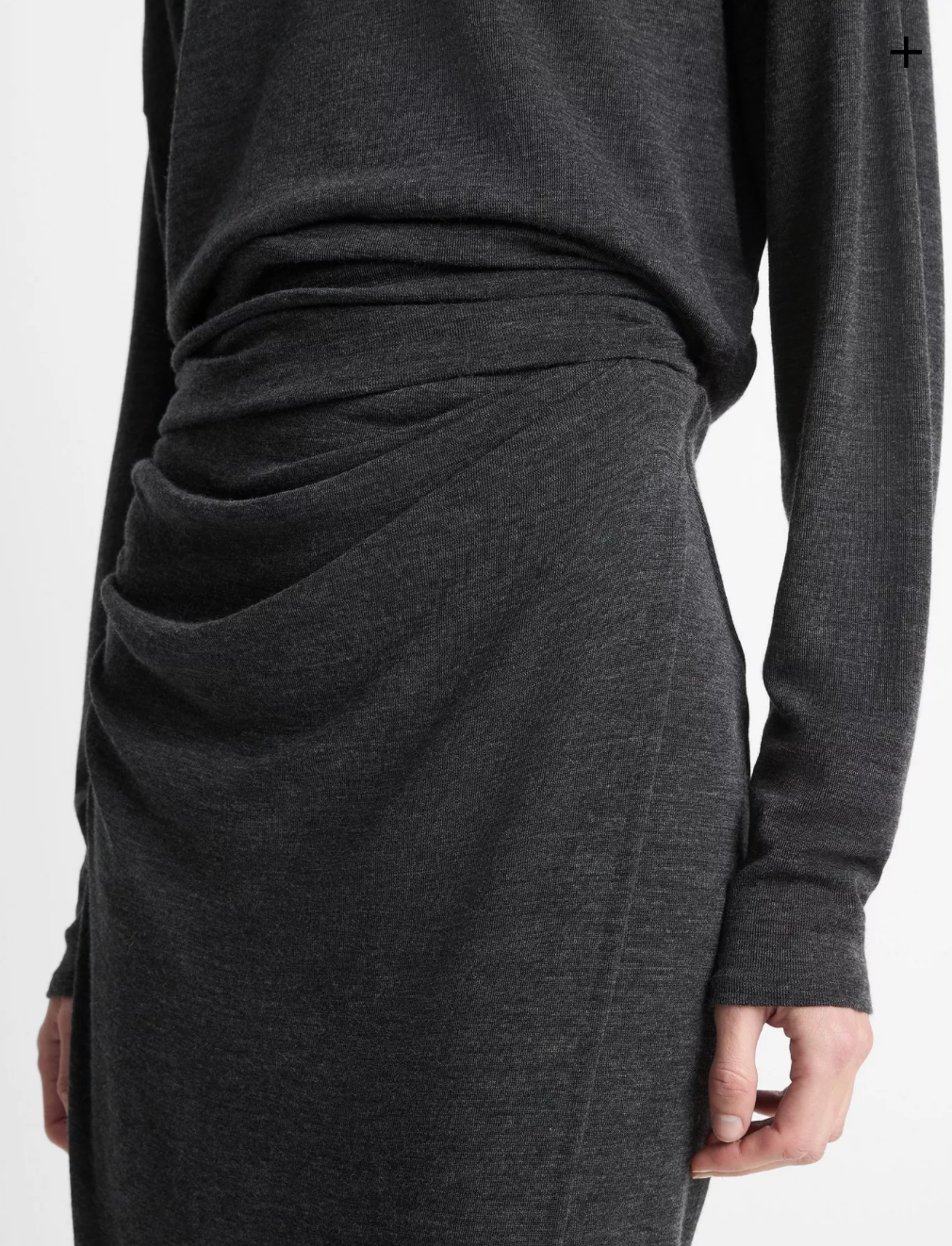 VINCE Draped-Waist Wool Blend Midi Skirt - Dark Heather Grey