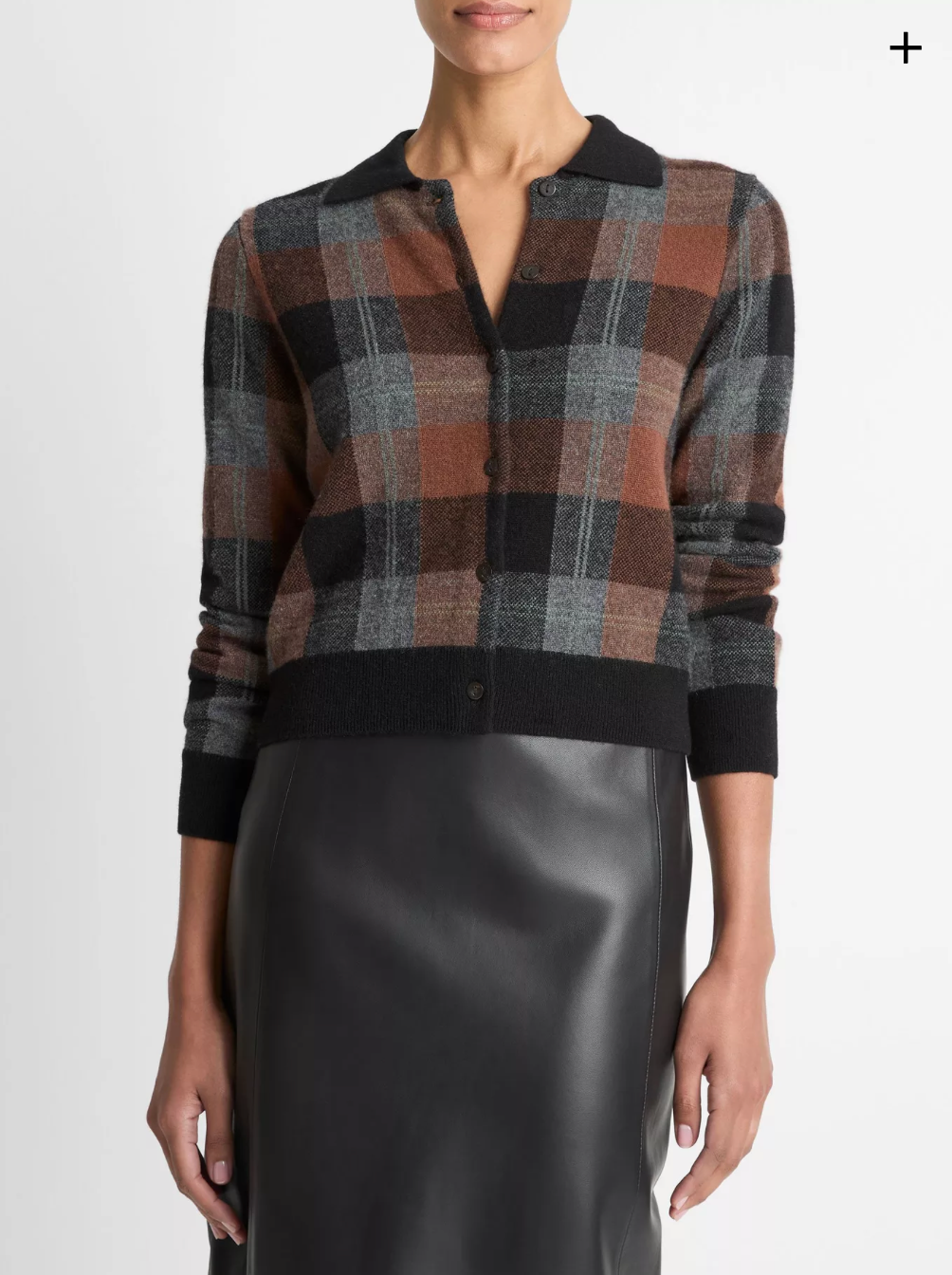 VINCE Checked Plaid Cashmere Polo Cardigan - Cacao/Dark Heather Pewter/Black Combo