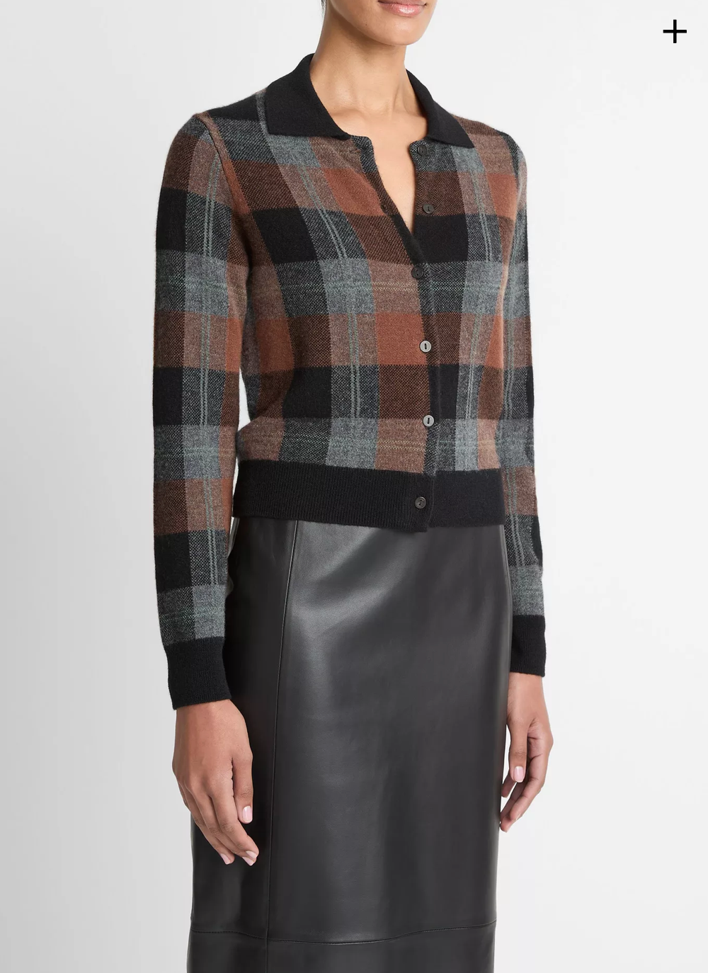 VINCE Checked Plaid Cashmere Polo Cardigan - Cacao/Dark Heather Pewter/Black Combo