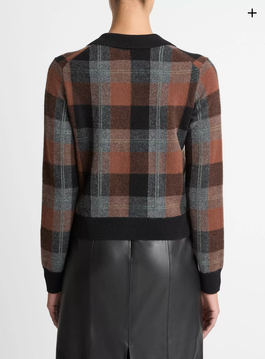 VINCE Checked Plaid Cashmere Polo Cardigan - Cacao/Dark Heather Pewter/Black Combo
