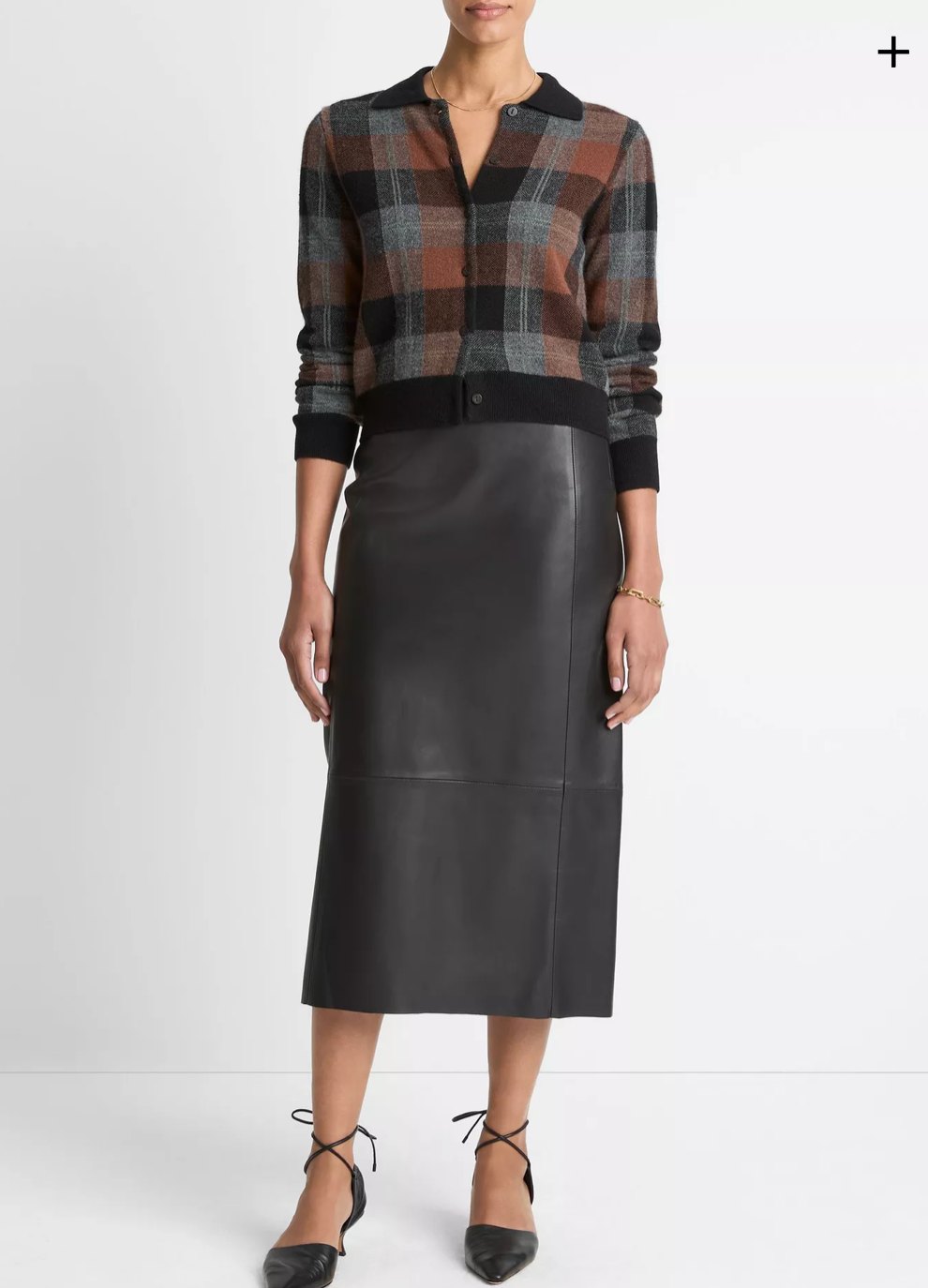 VINCE Checked Plaid Cashmere Polo Cardigan - Cacao/Dark Heather Pewter/Black Combo