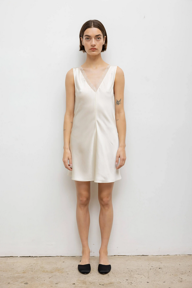 LESET Barb Lace V Neck Mini Dress - Creme