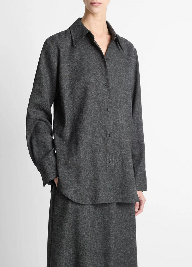 VINCE Italian Jaspe Relaxed Button-Front Shirt - Medium Heather Grey