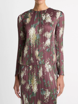VINCE Lilac-Print Micro-Pleated Satin Top - Dark Bordeaux