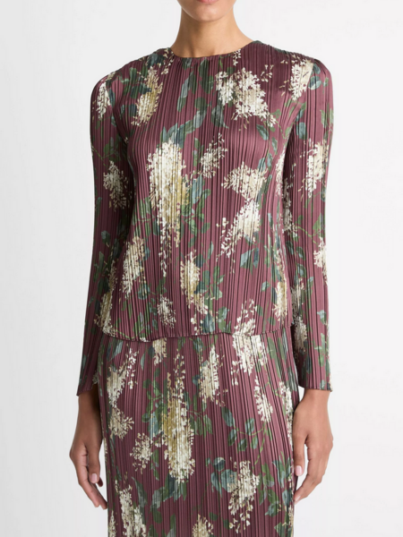VINCE Lilac-Print Micro-Pleated Satin Top - Dark Bordeaux