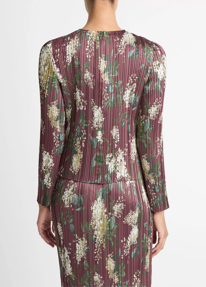 VINCE Lilac-Print Micro-Pleated Satin Top - Dark Bordeaux
