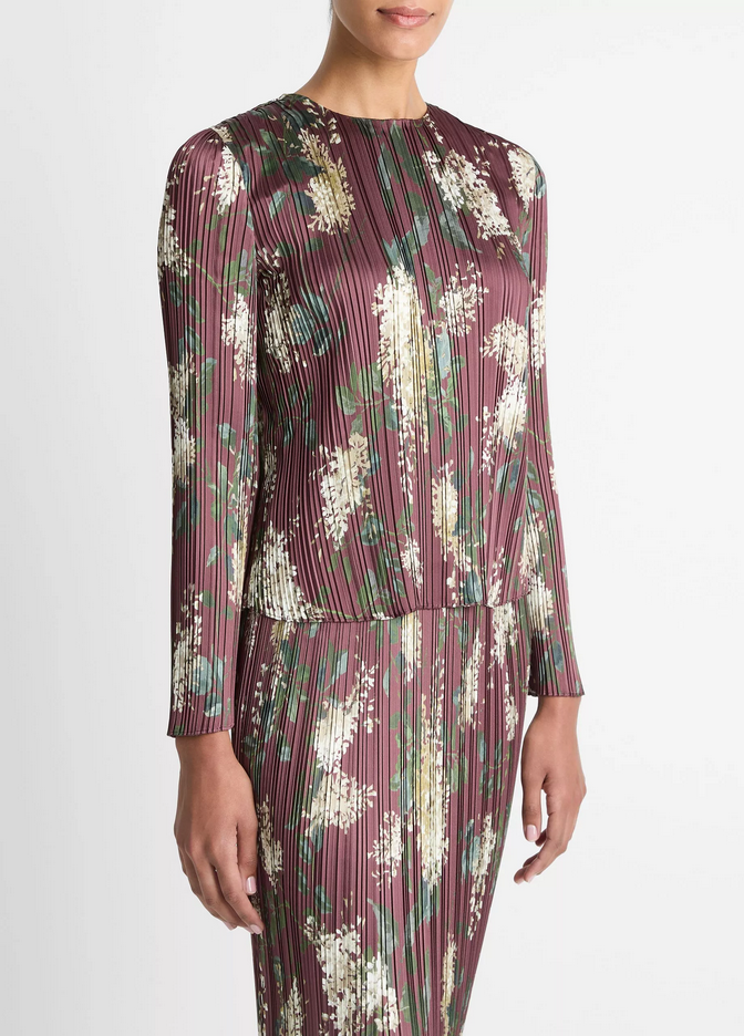 VINCE Lilac-Print Micro-Pleated Satin Top - Dark Bordeaux