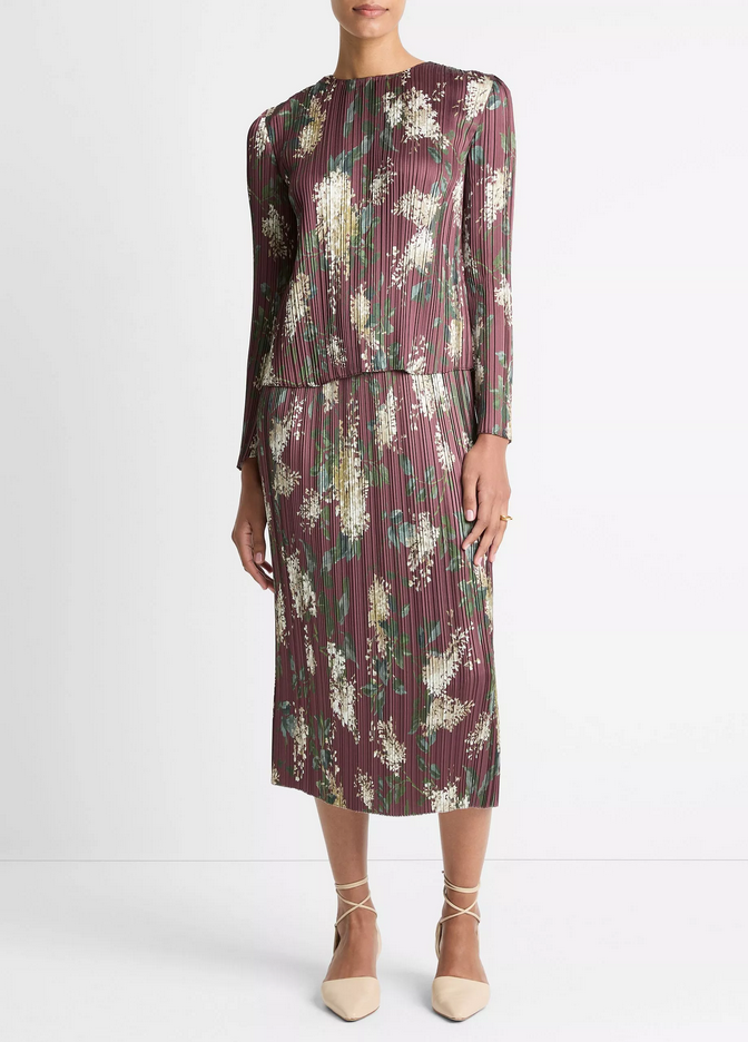 VINCE Lilac-Print Micro-Pleated Satin Top - Dark Bordeaux