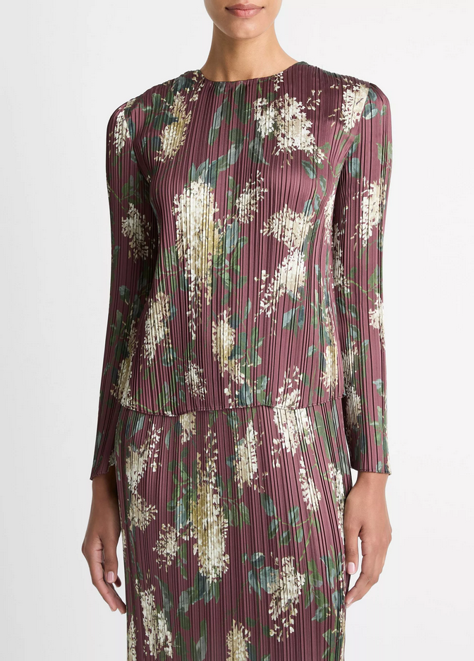 VINCE Lilac-Print Micro-Pleated Satin Top - Dark Bordeaux