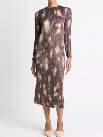 VINCE Lilac-Print Micro-Pleated Satin Skirt - Dark Bordeaux