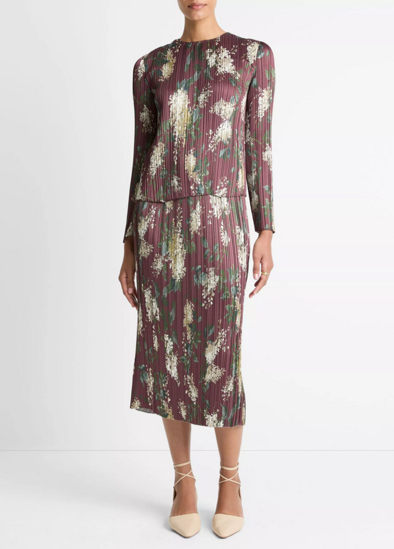 VINCE Lilac-Print Micro-Pleated Satin Skirt - Dark Bordeaux