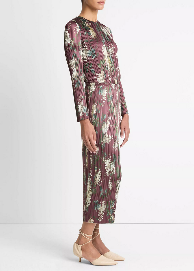 VINCE Lilac-Print Micro-Pleated Satin Skirt - Dark Bordeaux