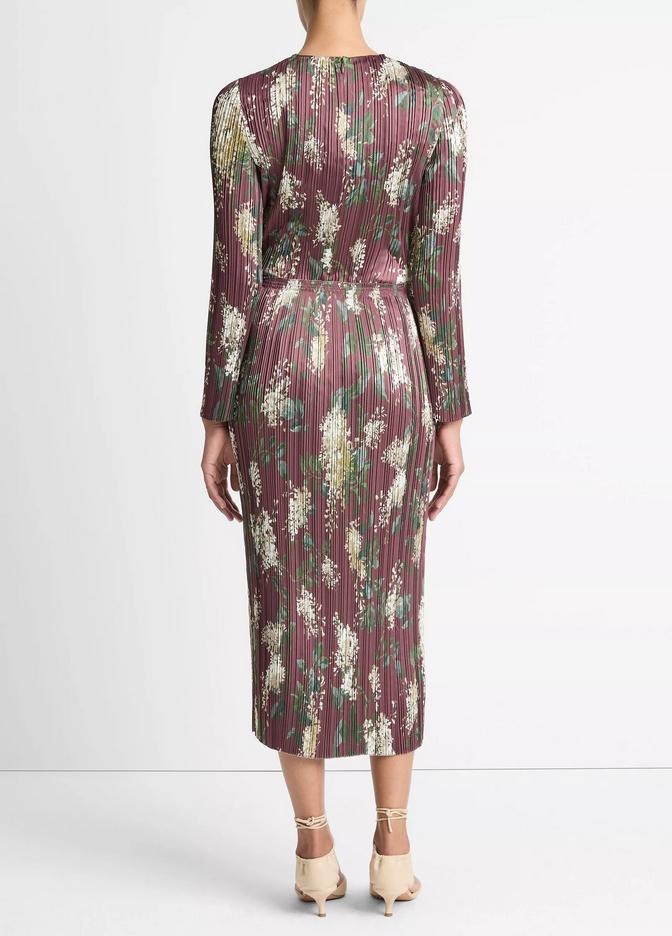 VINCE Lilac-Print Micro-Pleated Satin Skirt - Dark Bordeaux