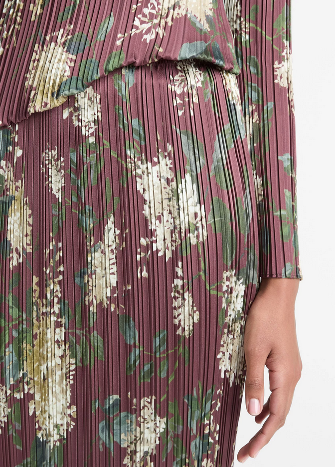 VINCE Lilac-Print Micro-Pleated Satin Skirt - Dark Bordeaux