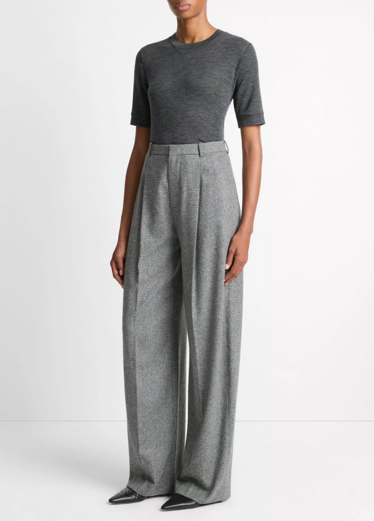 VINCE Roma Check Italian Wool-Blend High-Waist Trouser - Dark Grey Check