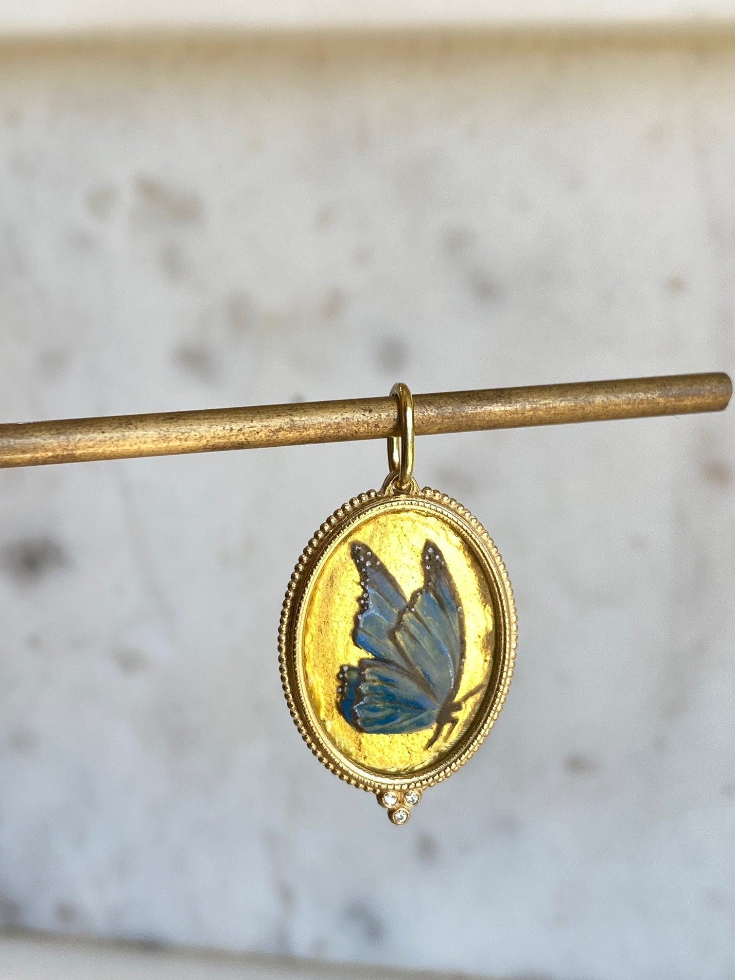 ERICA MOLINARI 18K Hand Painted Gold Foil Blue Butterfly with Diamond trio Pendant
