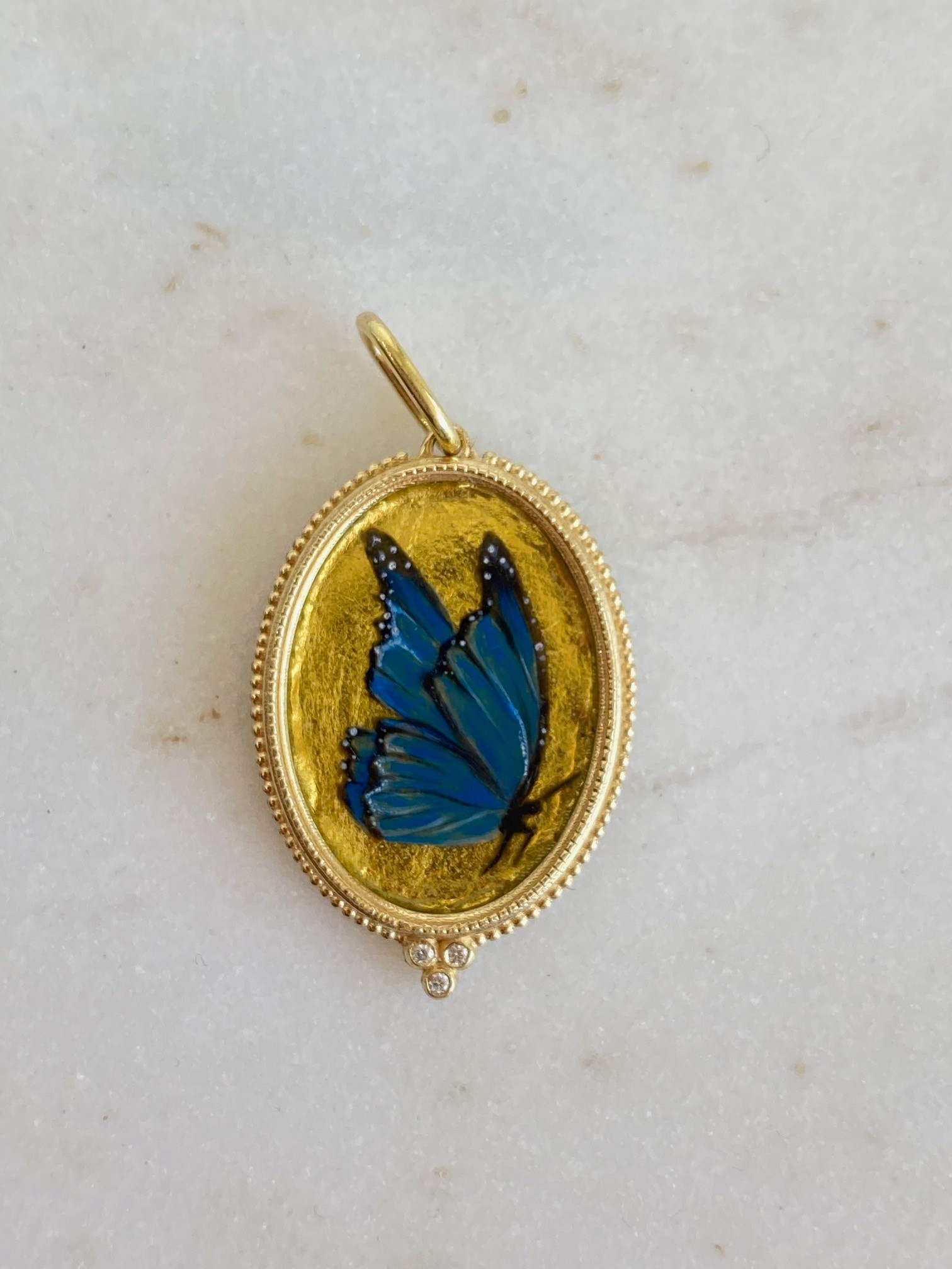 ERICA MOLINARI 18K Hand Painted Gold Foil Blue Butterfly with Diamond trio Pendant