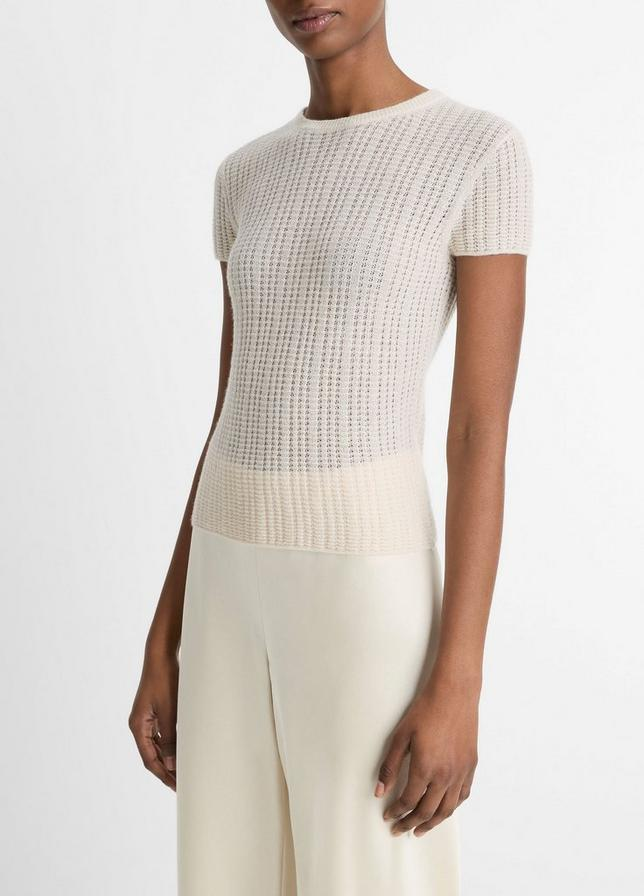 VINCE Waffle-Knit Cashmere-Silk Short-Sleeve Sweater - White Sand