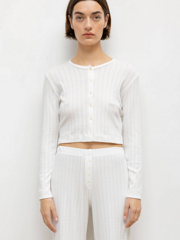 LESET Pointelle Crop Cardigan - White