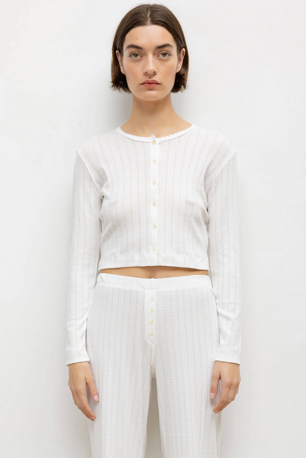 LESET Pointelle Crop Cardigan - White