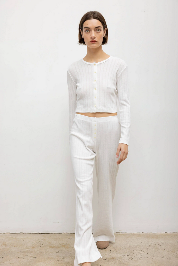 LESET Pointelle Crop Cardigan - White