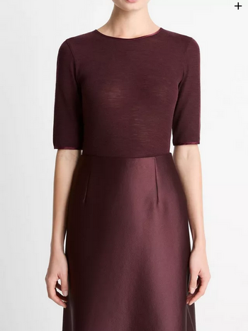 VINCE Satin-Trim Wool Elbow Sleeve T-shirt - Oxblood