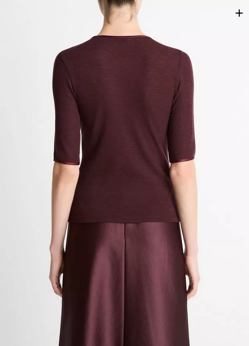 VINCE Satin-Trim Wool Elbow Sleeve T-shirt - Oxblood