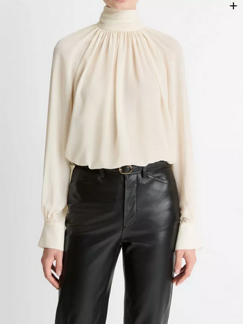 VINCE Gathered Draped Neck Crepe Blouse - Cream