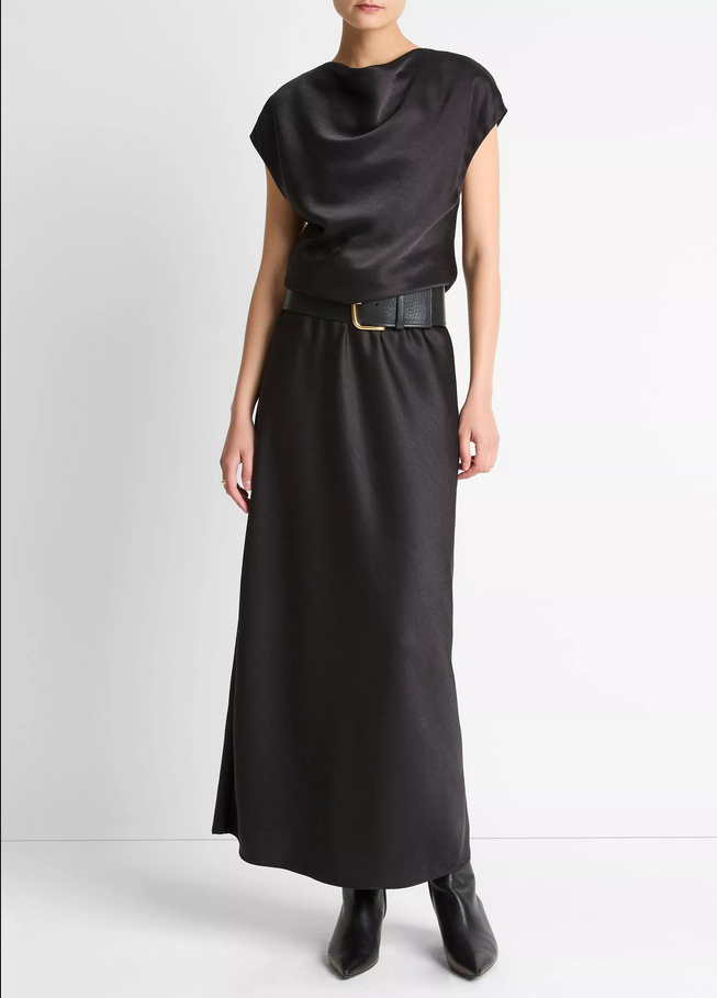 VINCE Draped Satin Cowl-Neck Dress - Black
