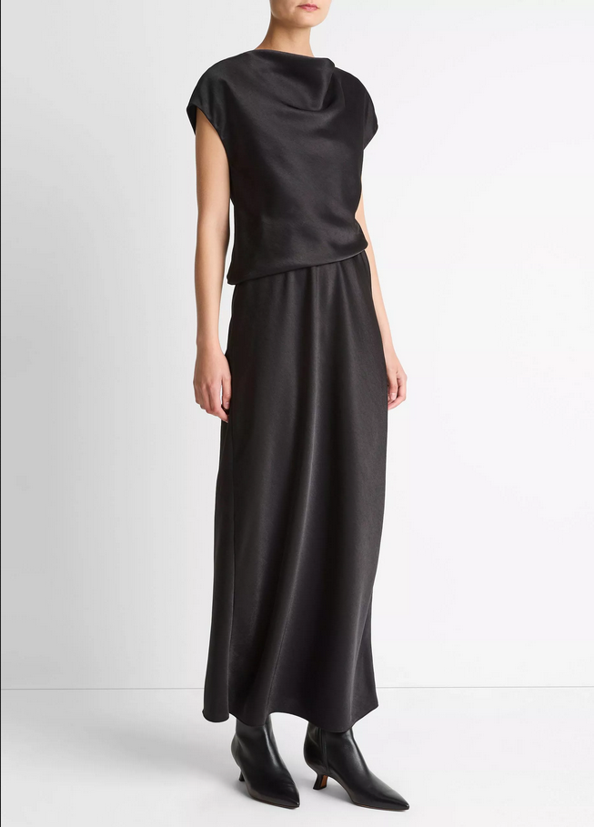 VINCE Draped Satin Cowl-Neck Dress - Black